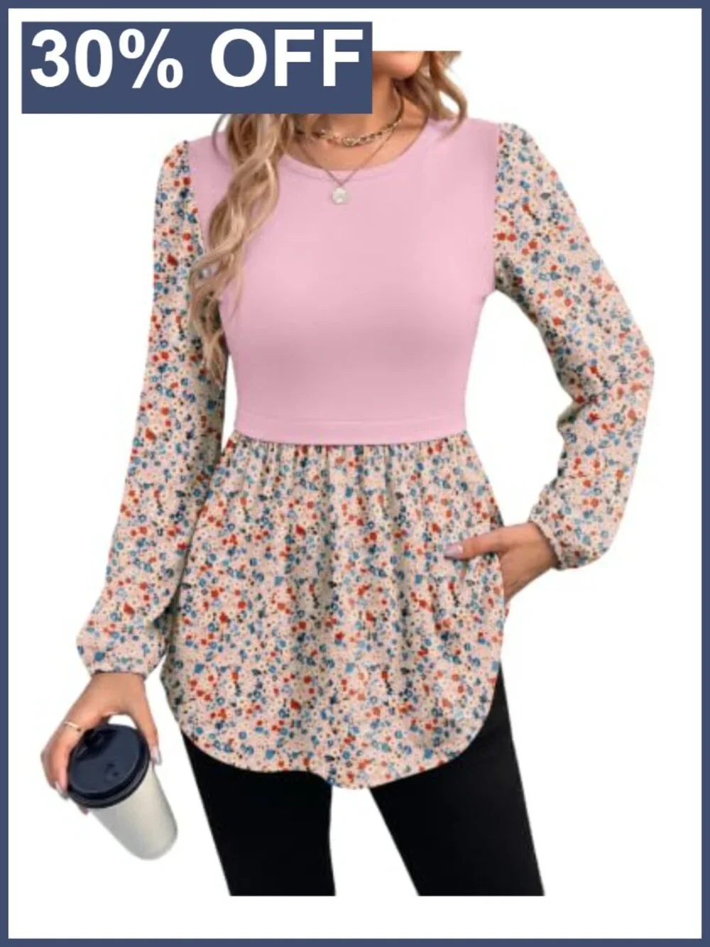 Long Sleeve Tunic Top Crew Neck Babydoll Peplum Blouse